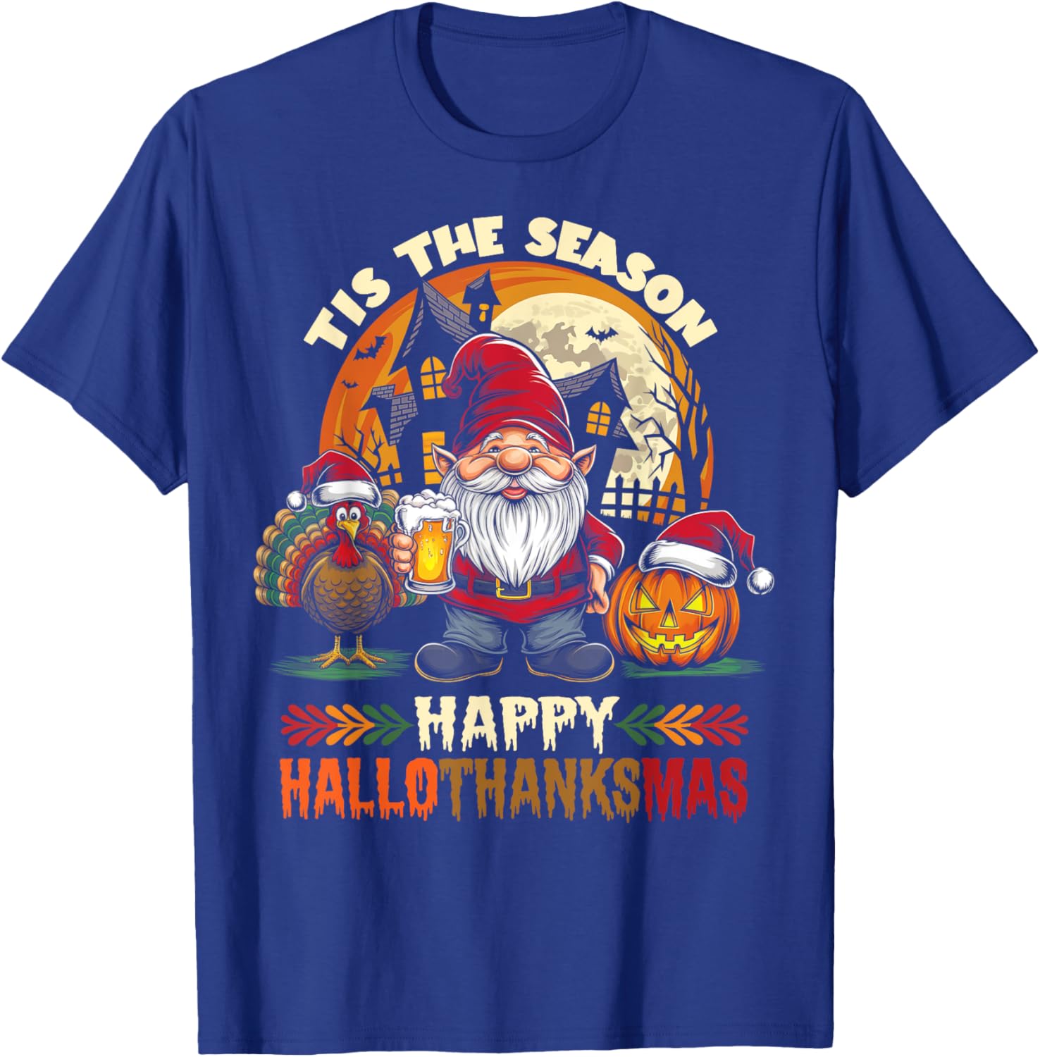 Happy Hallothanksmas Halloween Thanksgiving Merry Christmas T-Shirt - T-Shirt | Royal