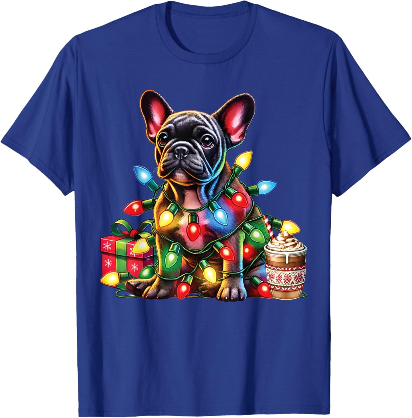 French bulldog Lovers Xmas Reindeer Antlers Christmas Lights Men Women Kids T-Shirt - T-Shirt | Royal