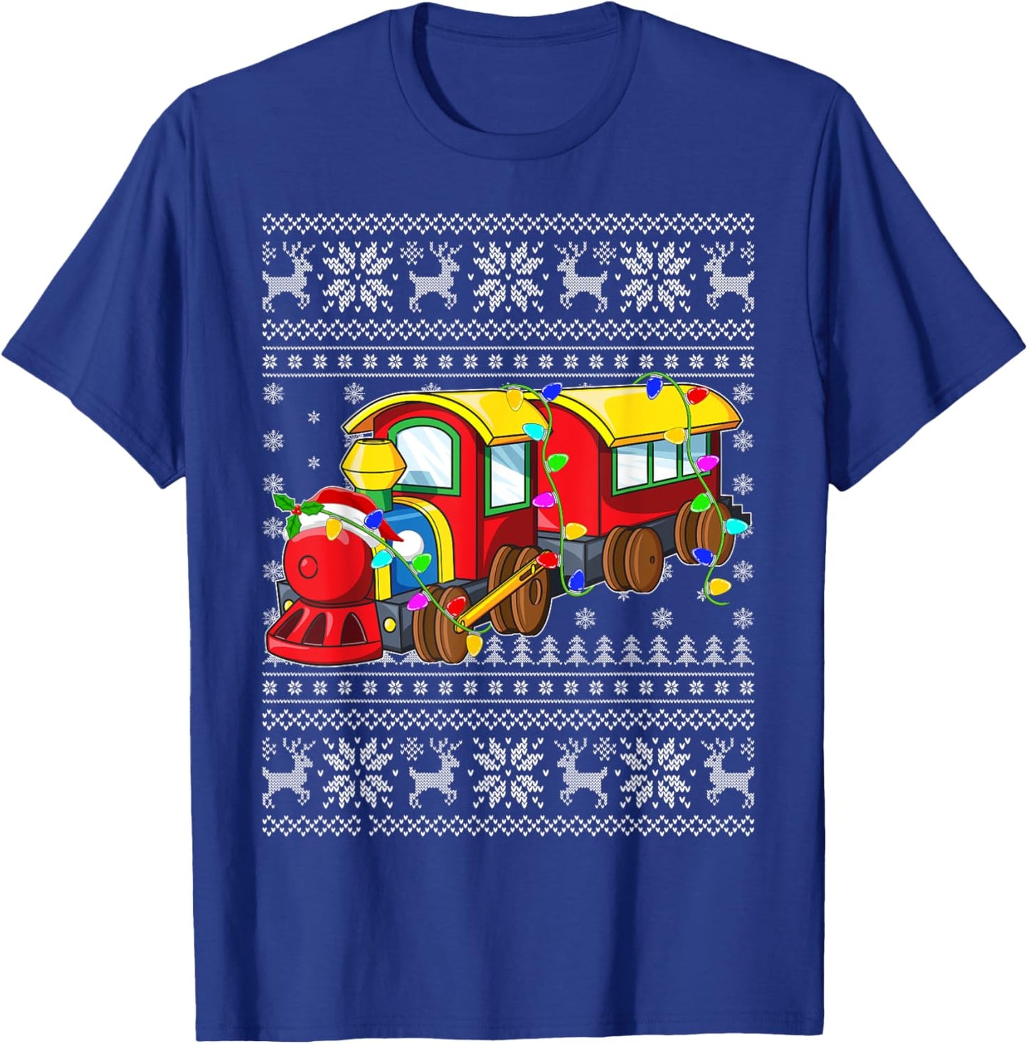 Ugly Sweater Xmas Lights Santa Hat Train Christmas T-Shirt - T-Shirt | Royal