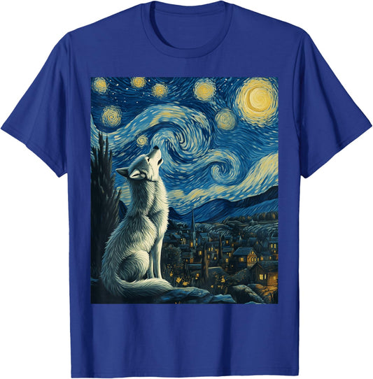 Wolf Starry Night Van Gogh Painting Art Wolves Lovers T-Shirt - T-Shirt | Royal
