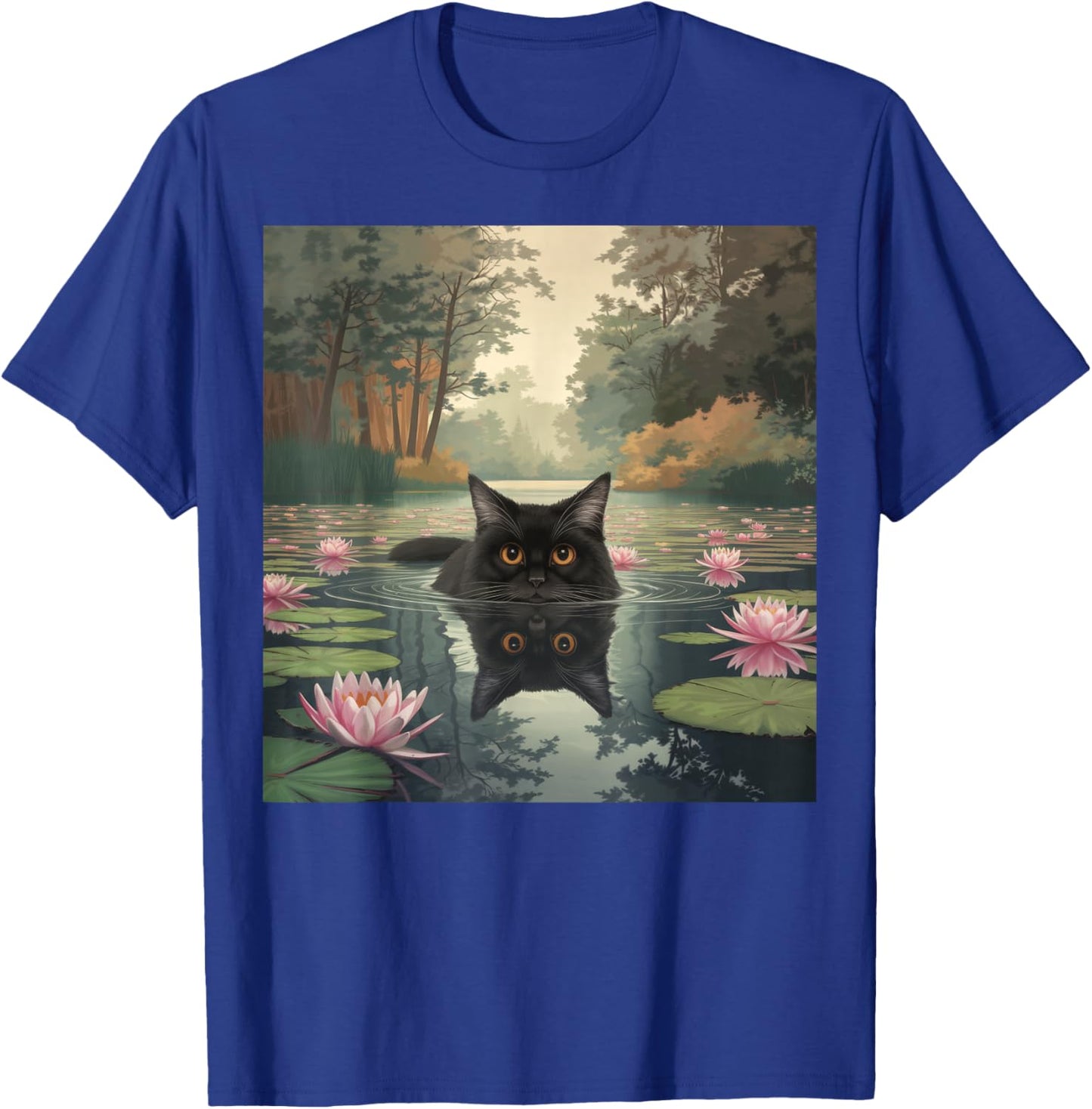 Black Cat Monets Cat Waterlily T-Shirt - T-Shirt | Royal