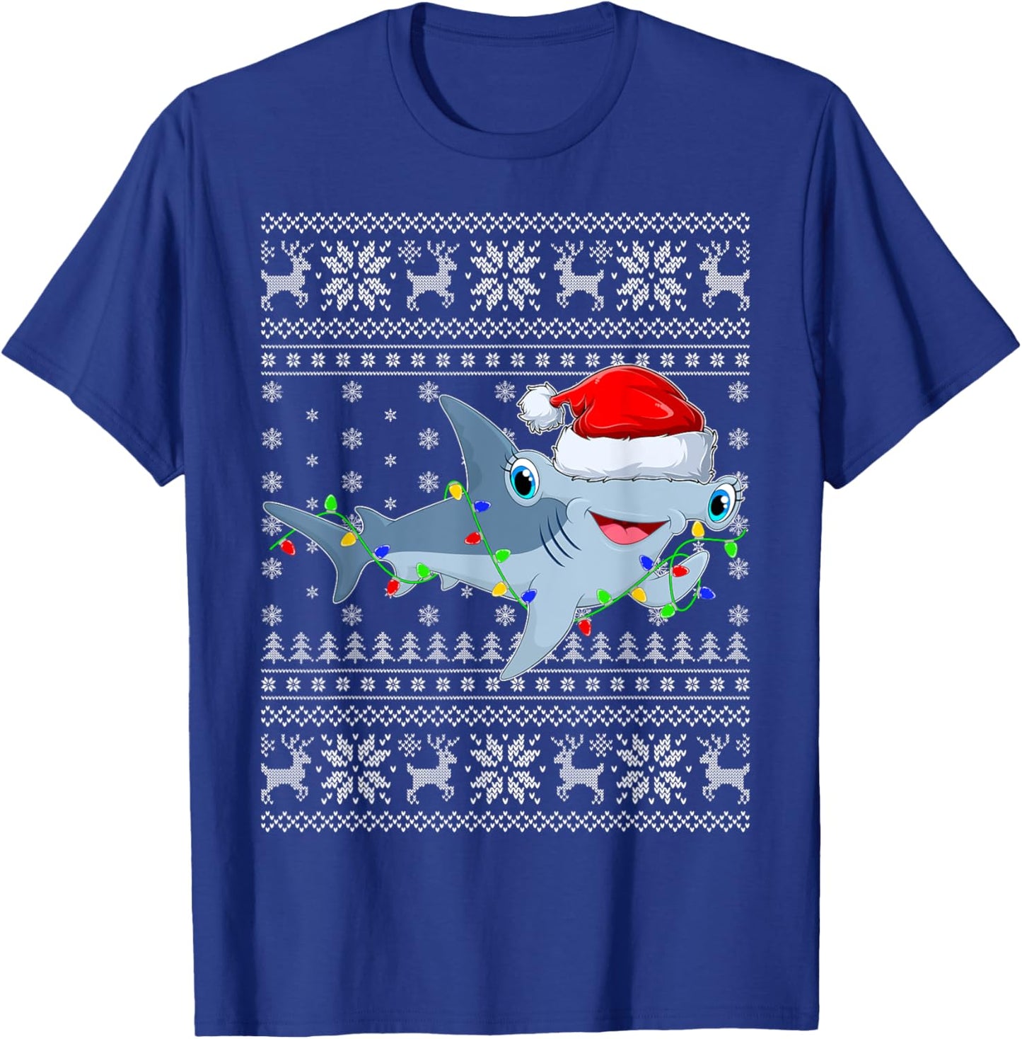 Ugly Sweater Xmas Lights Santa Hammerhead Shark Christmas T-Shirt - T-Shirt | Royal