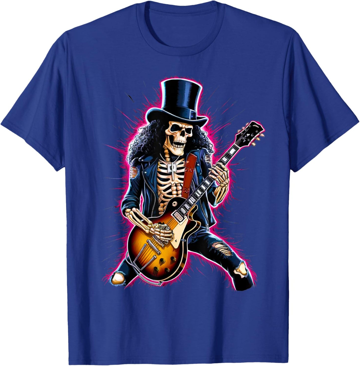 Skeleton Playing Guitar Rock & Roll Band 80s 90s Concert T-Shirt - T-Shirt | Royal