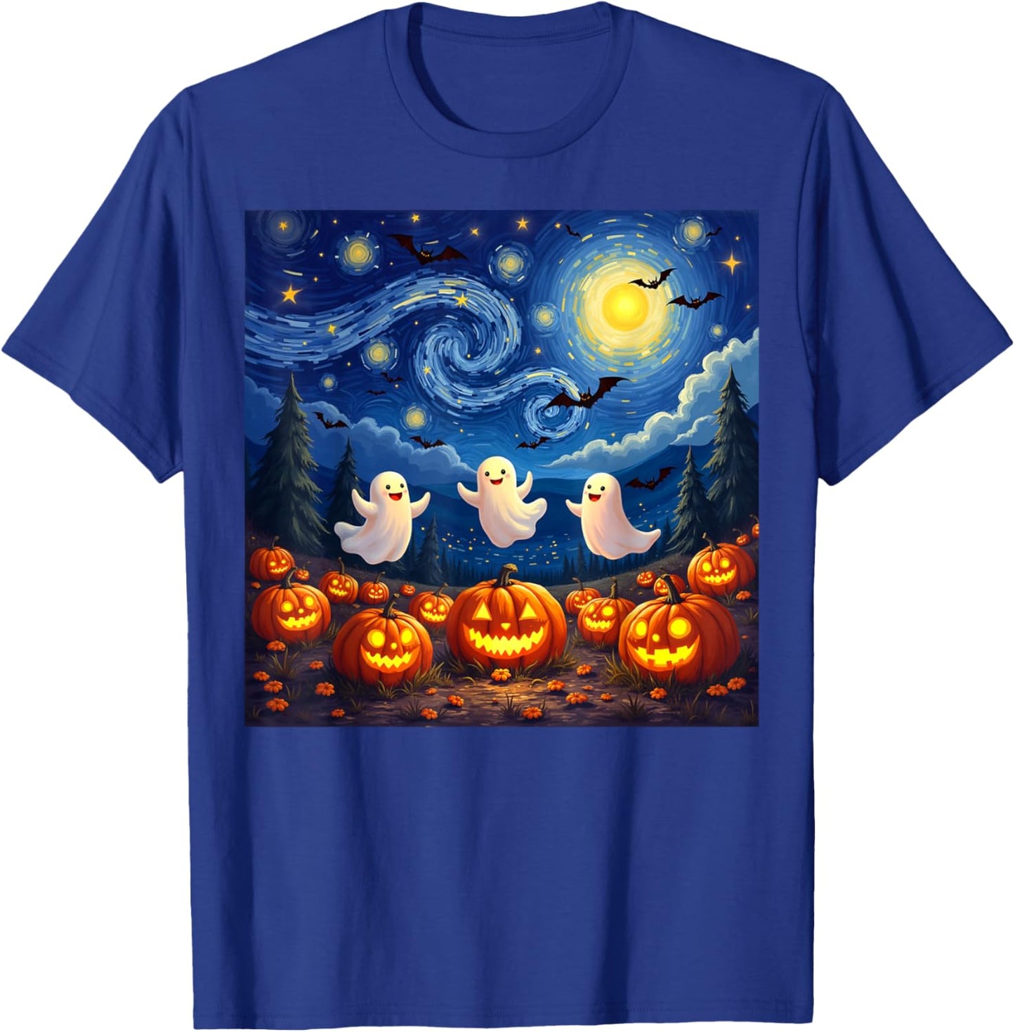 boo ghost halloween pumpkin Starry Night Van Gogh men women T-Shirt - T-Shirt | Royal