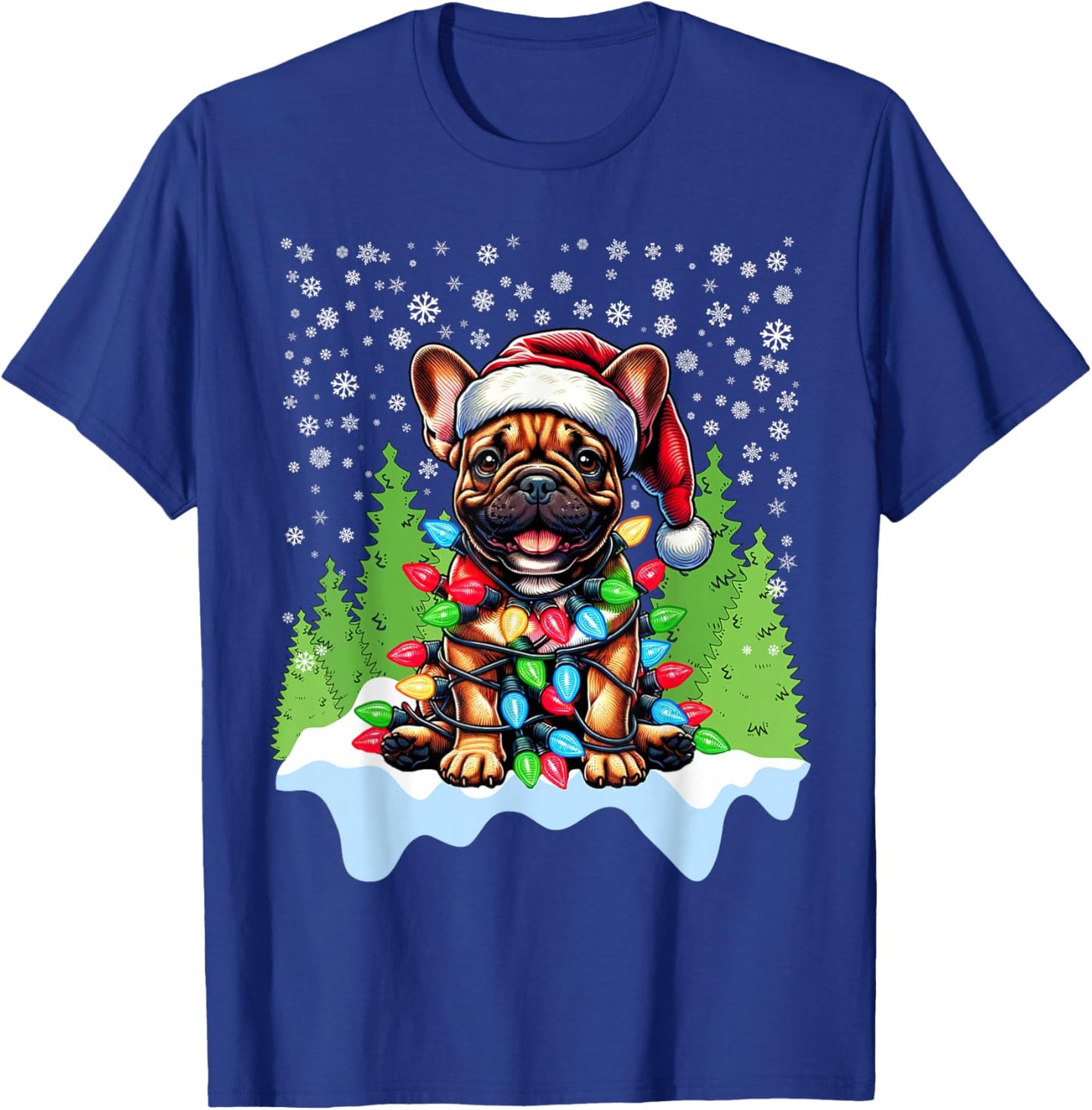 French Bulldog Christmas Santa Hat Lights Tree Snowflakes T-Shirt - T-Shirt | Royal