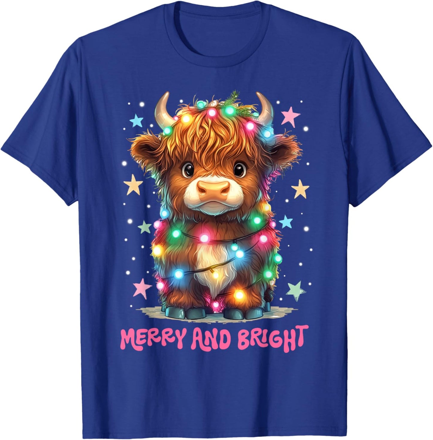 Merry And Bright Cute Highland Cow Christmas Xmas Lights T-Shirt - T-Shirt | Royal