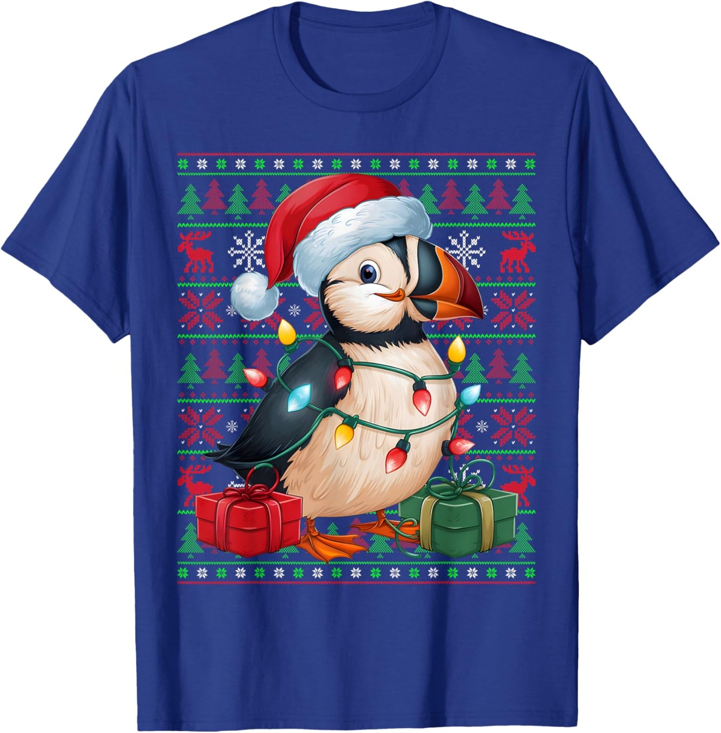 Puffin Bird Xmas Lights Ugly Santa Hat Puffin Christmas T-Shirt - T-Shirt | Royal