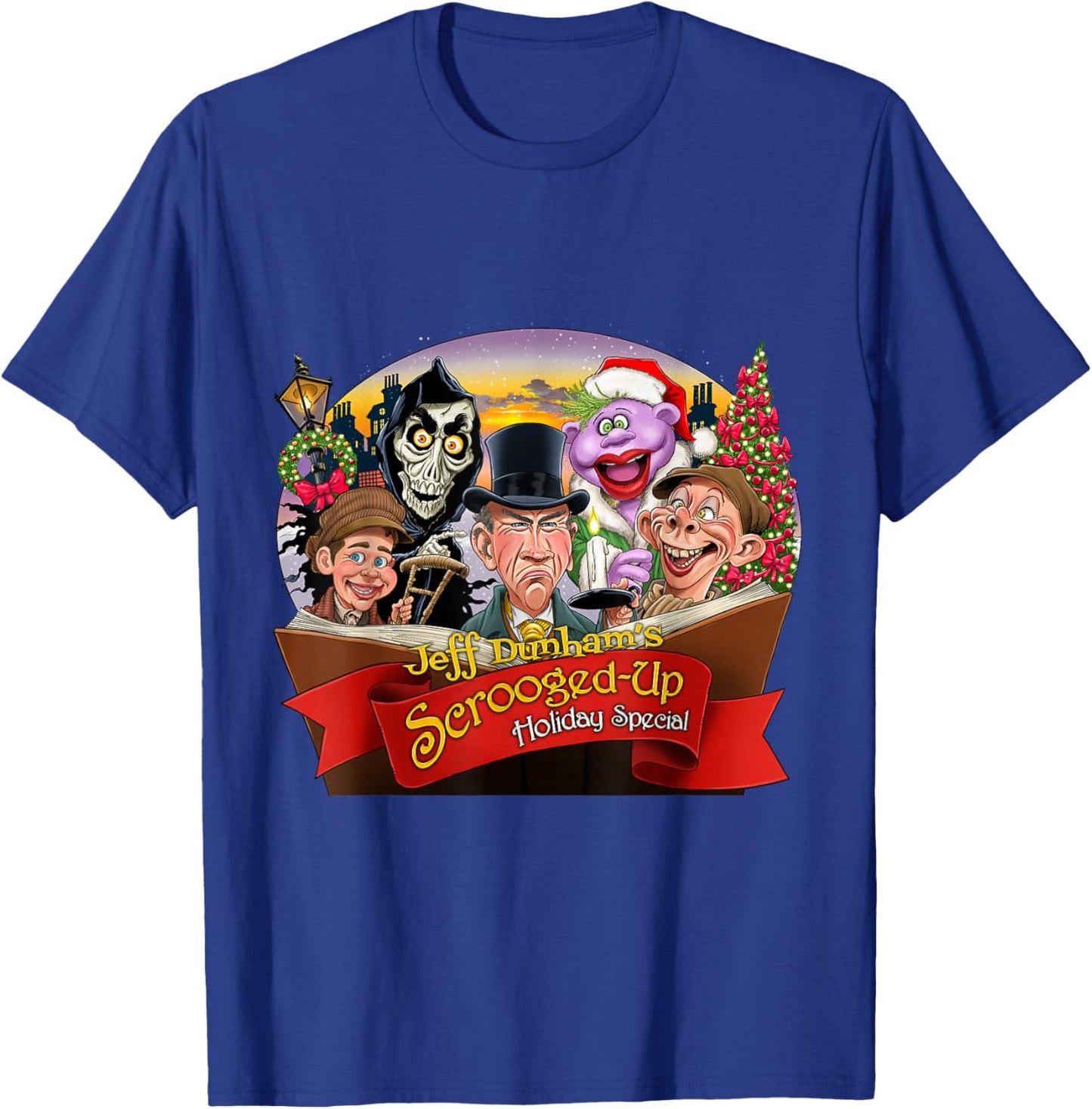 Jeff Dunham 2024 Holiday - Black, -Adults/Kids, Short Sleeve, Cartoon Holiday Character, Classic Fit, Polyester 100% Cotton Blend, Size Small T-Shirt - T-Shirt | Royal