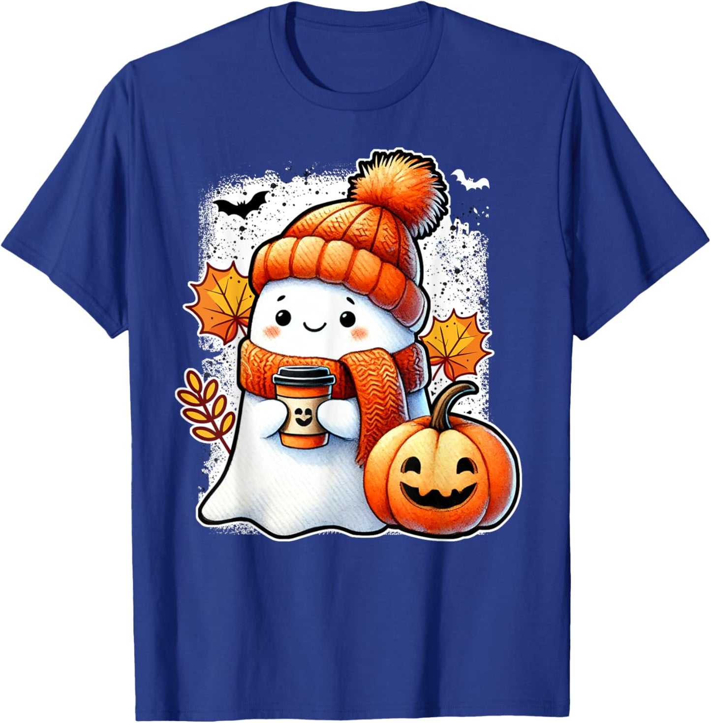 Cute Halloween Ghost Cozy Pumpkin Autumn Leaves T-Shirt - T-Shirt | Royal