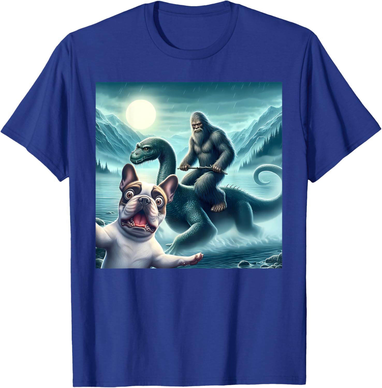 French bulldog Selfie with bigfoot riding loch Ness T-Shirt - T-Shirt | Royal