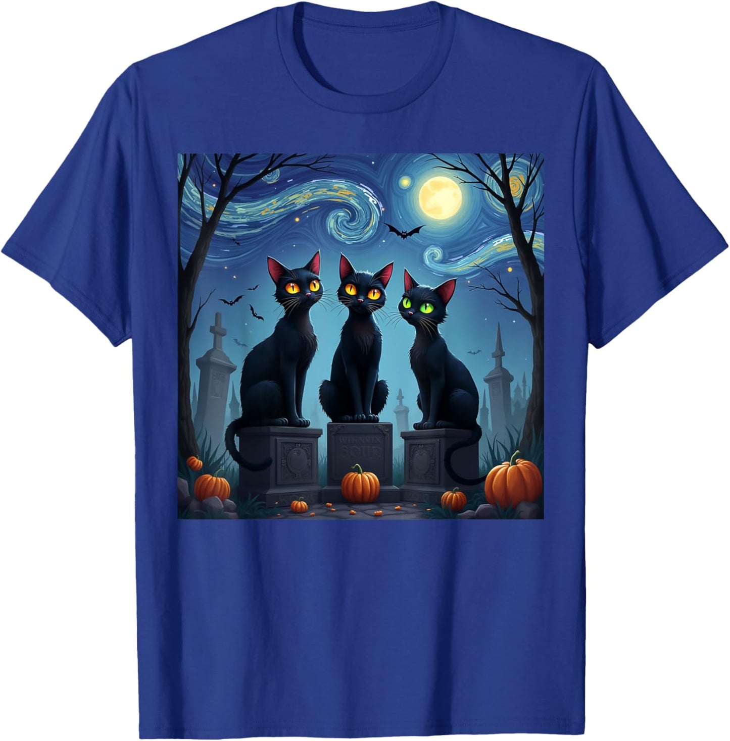 Black Cat Halloween Cat Lovers Starry Night Cat Van Gogh men T-Shirt - T-Shirt | Royal