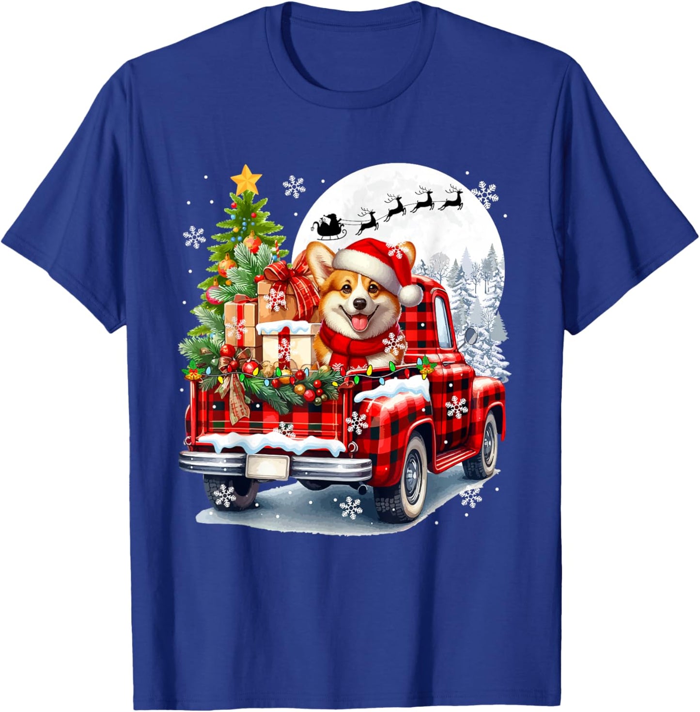 Santa Corgi On Pickup Truck Christmas Owner Kids Family T-Shirt - T-Shirt | Royal