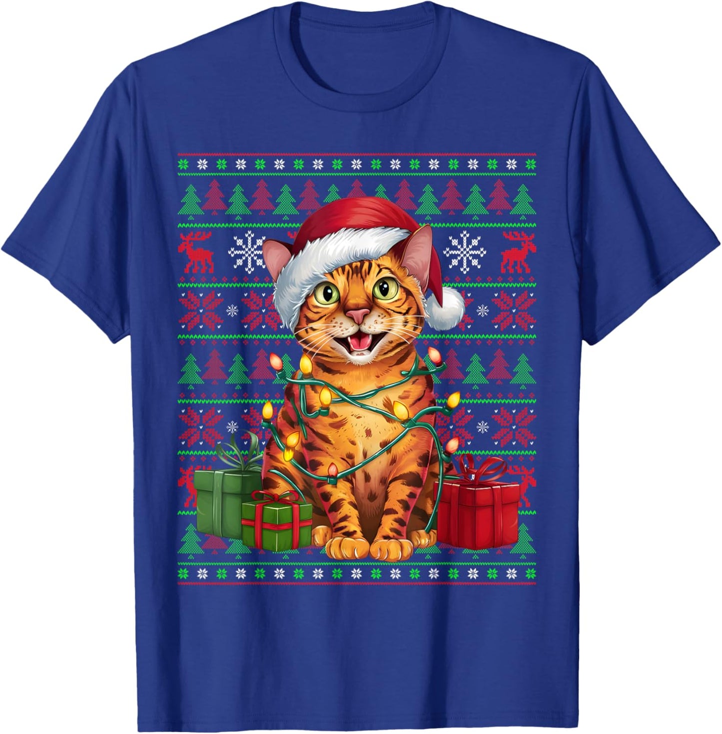 Bengal Cat Xmas Lights Ugly Santa Hat Bengal Cat Christmas Men Women Kids T-Shirt - T-Shirt | Royal