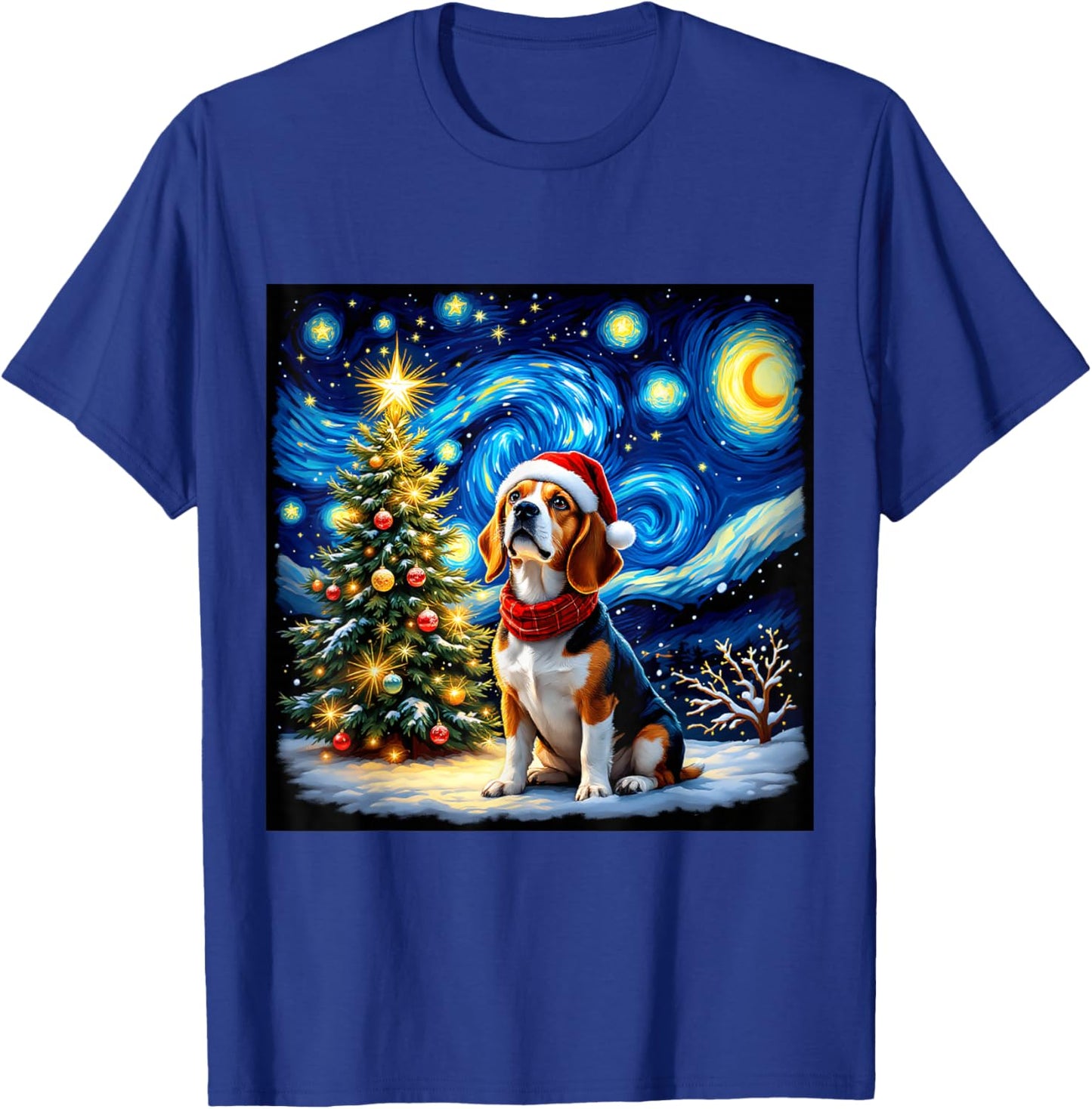 Beagle Starry Night Christmas Van Gogh Dog Santa Hat Holiday T-Shirt - T-Shirt | Royal