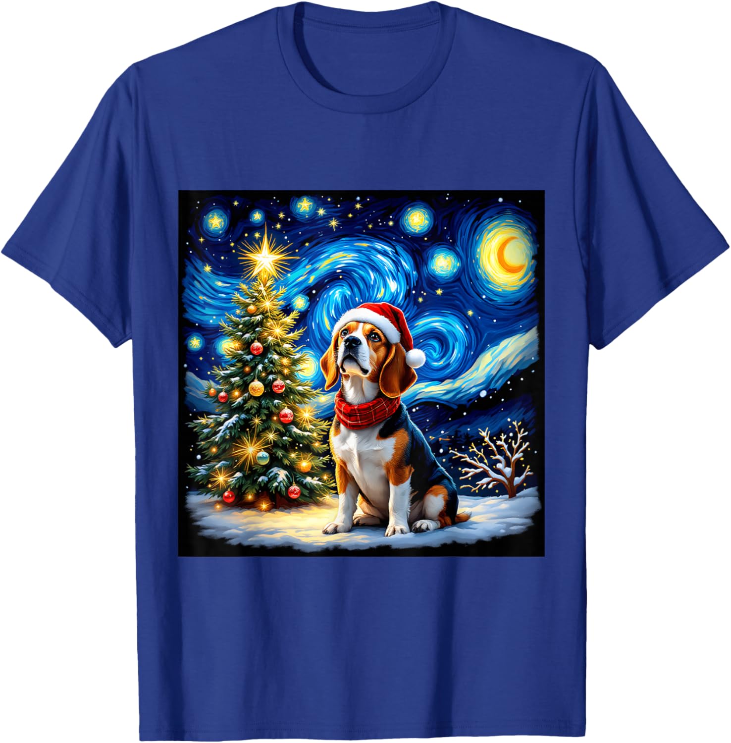Beagle Starry Night Christmas Van Gogh Dog Santa Hat Holiday T-Shirt - T-Shirt | Royal