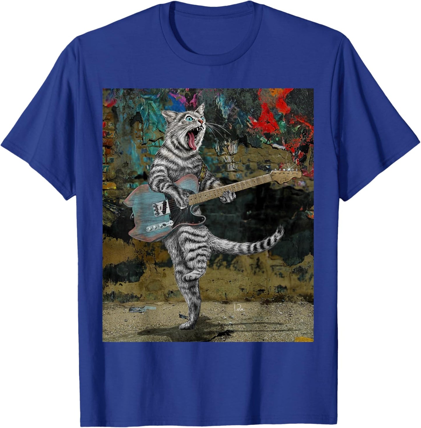 Cat Guitar Buskers Electric Guitar Player Funny Cute Kitty T-Shirt - T-Shirt | Royal