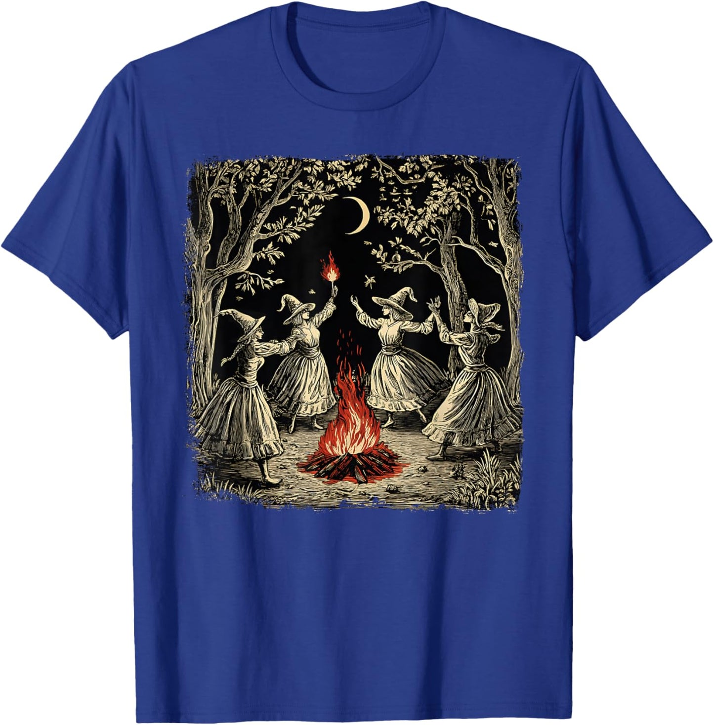 Vintage Witch Coven Dancing Around Bonfire Halloween Witches T-Shirt - T-Shirt | Royal