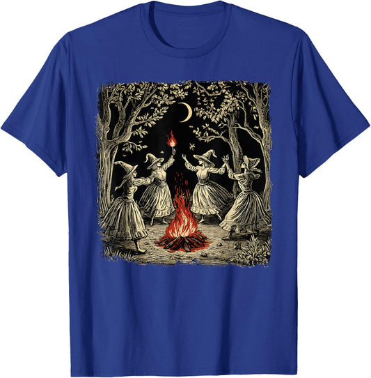 Vintage Witch Coven Dancing Around Bonfire Halloween Witches T-Shirt - T-Shirt | Royal