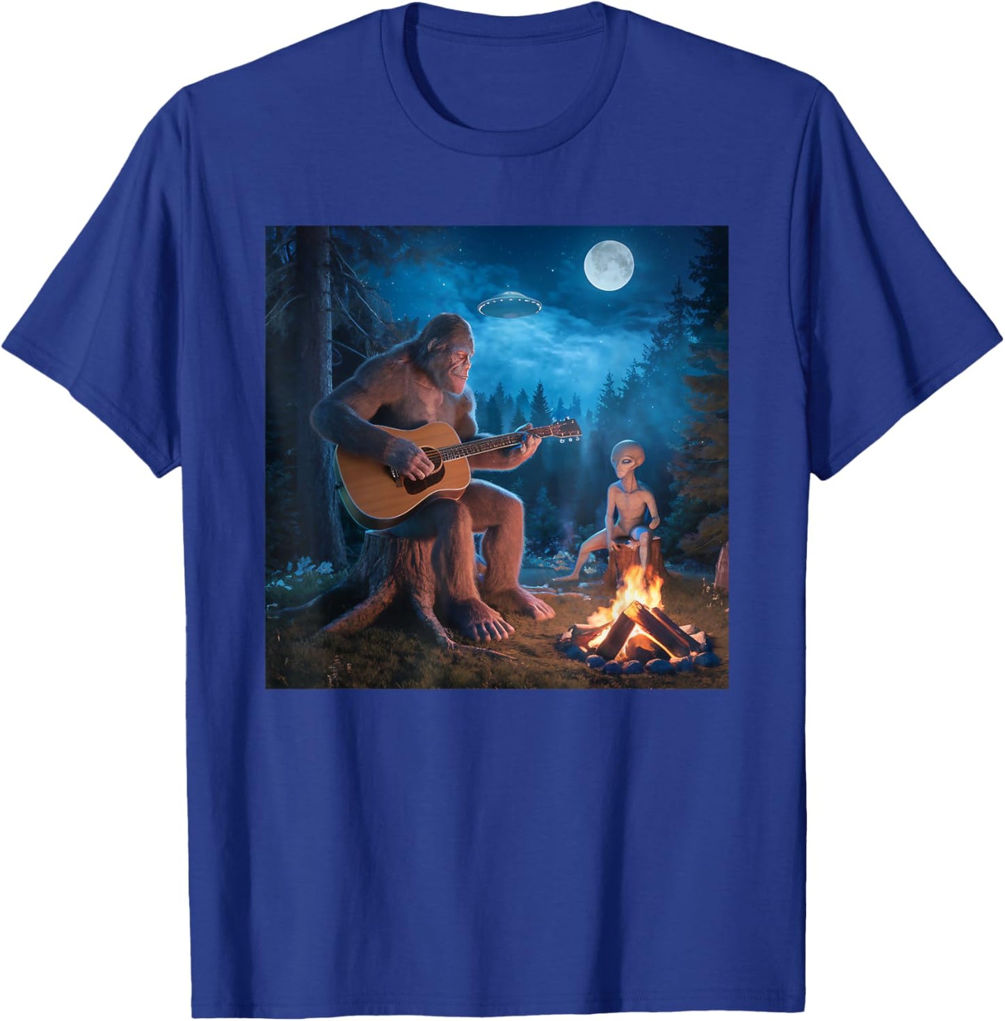 Bigfoot Alien Sasquatch Campfire UFO Music Night Scene T-Shirt - T-Shirt | Royal