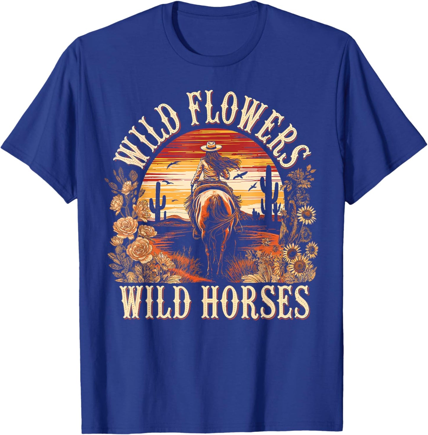 Vintage Flowers Horses Cowgirl Western Sunset Riding Horse T-Shirt - T-Shirt | Royal