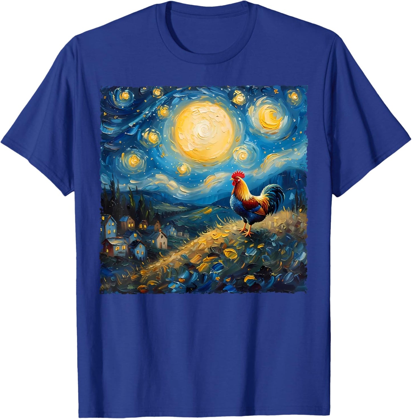 Van Gogh Style Funny Rooster Lover The Starry Night Painting T-Shirt - T-Shirt | Royal