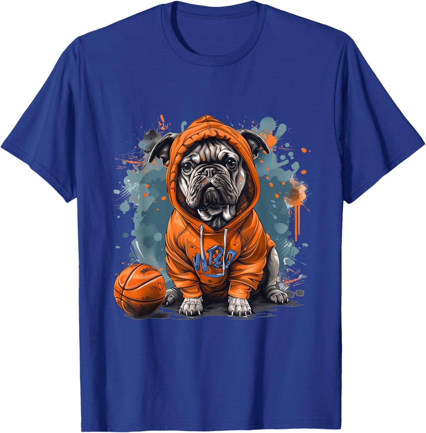 Cute French Bulldog Basketball Cool Dog Sports Orange Blue T-Shirt - T-Shirt | Royal