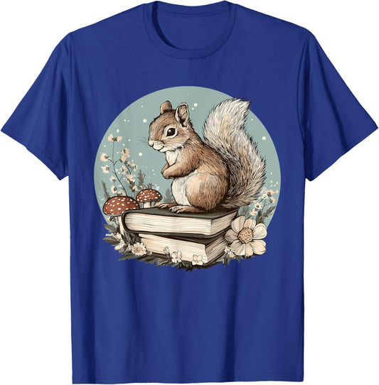 Cottagecore Squirrel with Books T-Shirt - T-Shirt | Royal