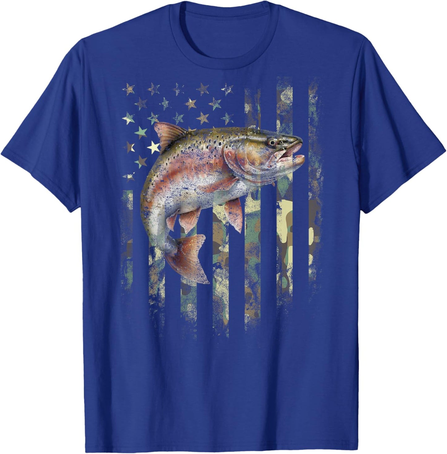 (Art on Back) Camo American Flag Trout Fish Fishing T-Shirt - T-Shirt | Royal