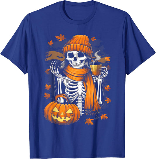 Women Skeleton Drinking Coffee Halloween Skeleton Coffee T-Shirt - T-Shirt | Royal