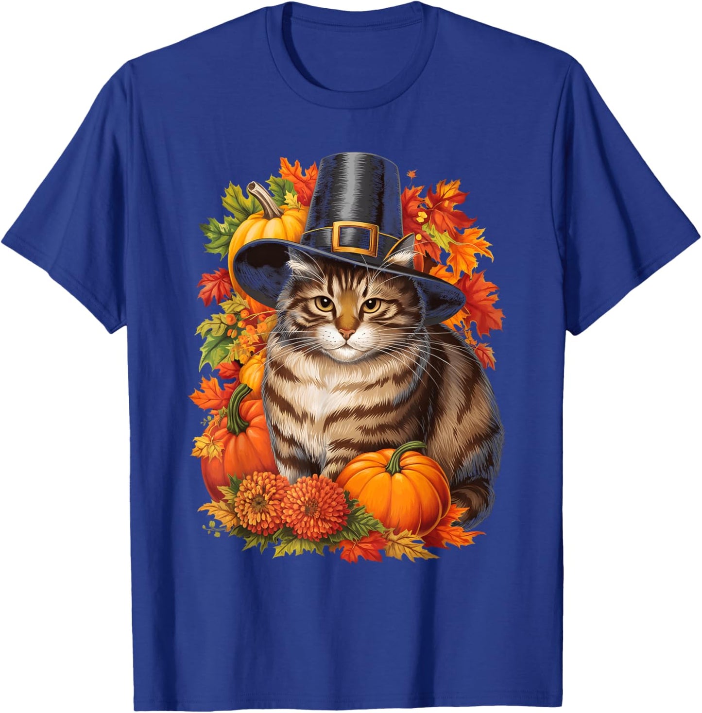 Thanksgiving Pilgrim Cat Lover Autumn Leaves Men Women Kids T-Shirt - T-Shirt | Royal