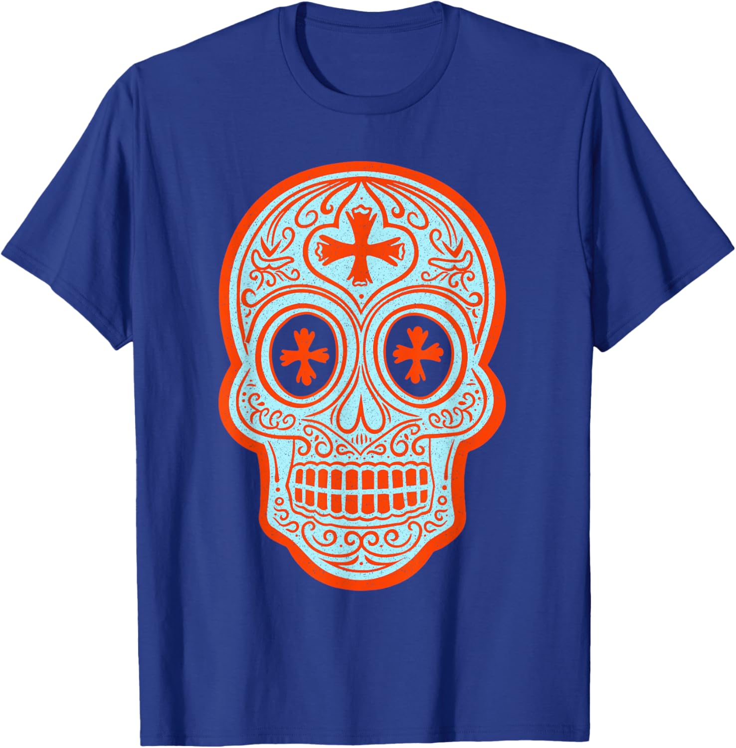 Vintage Calavera Sugar Skull Orange and Blue Design T-Shirt - T-Shirt | Royal