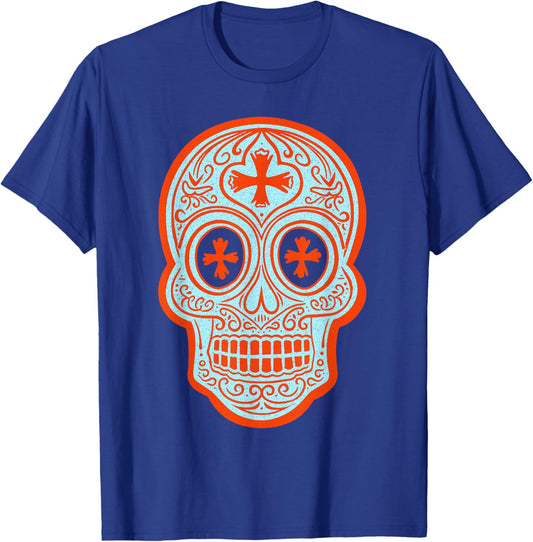 Vintage Calavera Sugar Skull Orange and Blue Design T-Shirt - T-Shirt | Royal