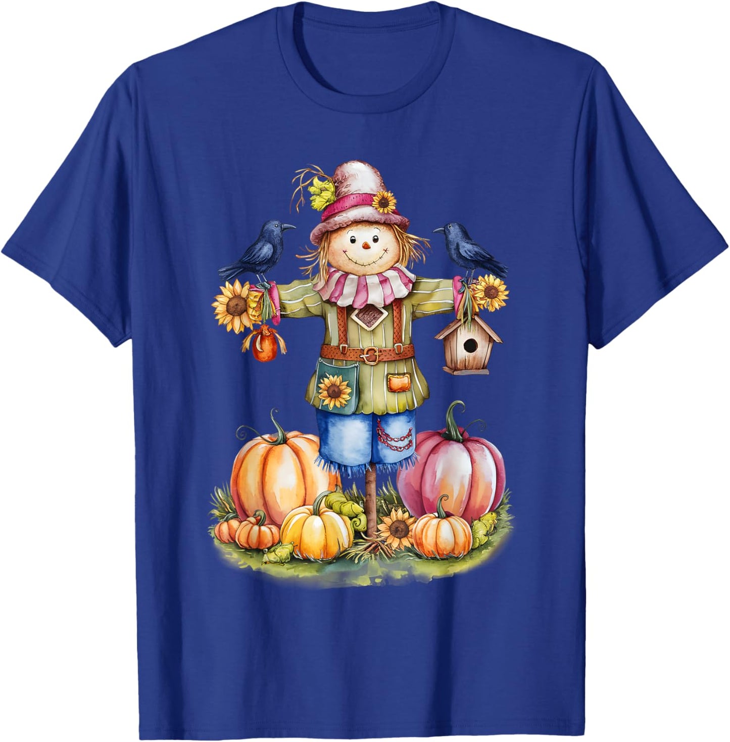 Scarecrow In Pumpkin Garden Hello Fall Autumn Falling Leaves T-Shirt - T-Shirt | Royal