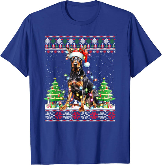 Doberman Dog Reindeer Christmas Lights T-Shirt - T-Shirt | Royal