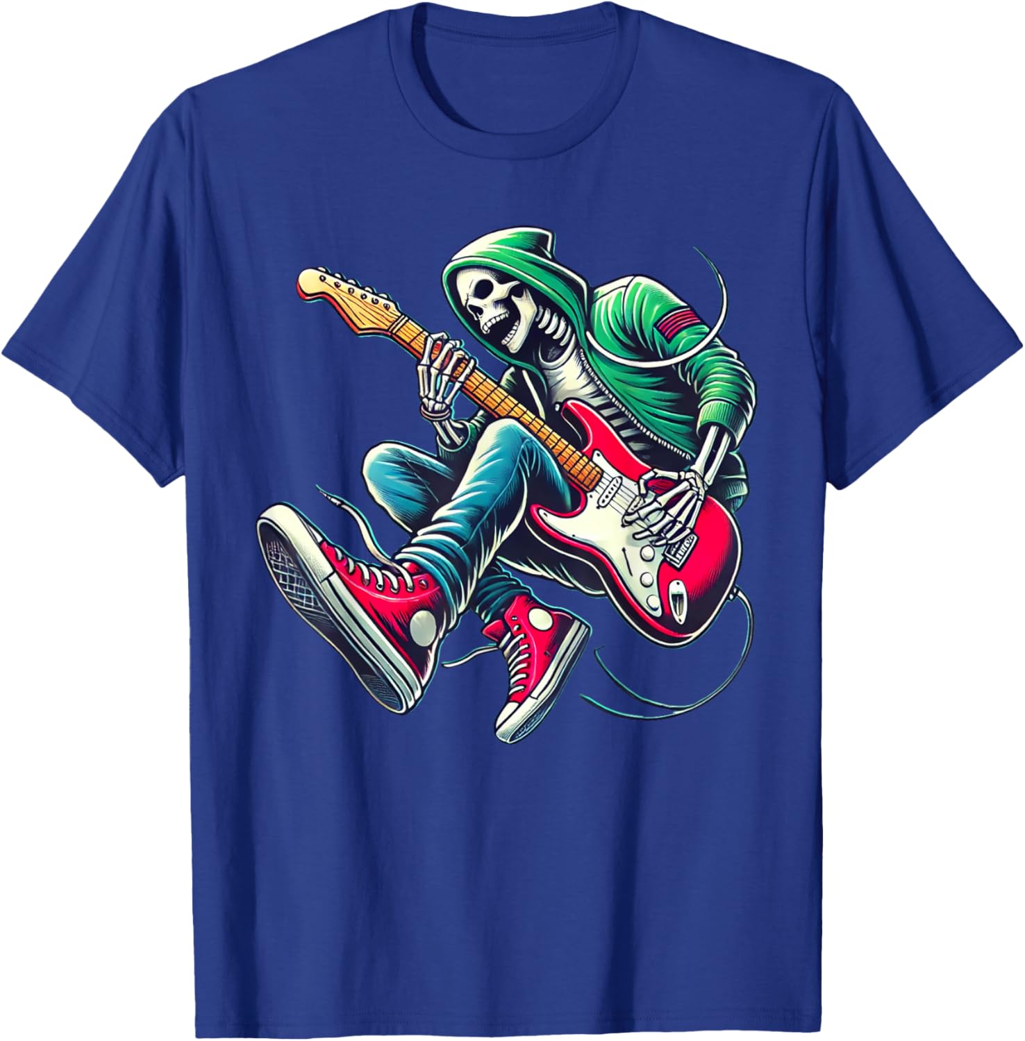 Skeleton Playing Guitar - Rock And Roll Graphic Band T-Shirt - T-Shirt | Royal