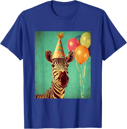 Zebra Retro Art Print Birthday Party Balloons & Party Hat T-Shirt - T-Shirt | Royal