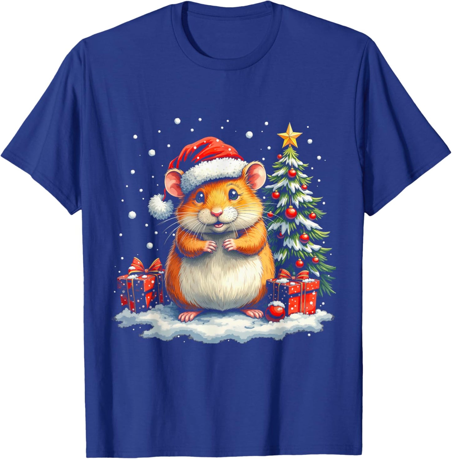 Cute Hamster with Santa Hat and Snow Holiday Christmas T-Shirt - T-Shirt | Royal