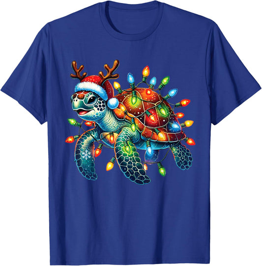 Sea Turtle Christmas Lights Funny Santa Hat Merry Christmas T-Shirt - T-Shirt | Royal