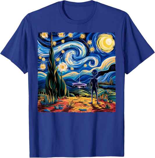 Alien Van Gogh Starry Night UFO Gifts Women Boys Kid T-Shirt - T-Shirt | Royal