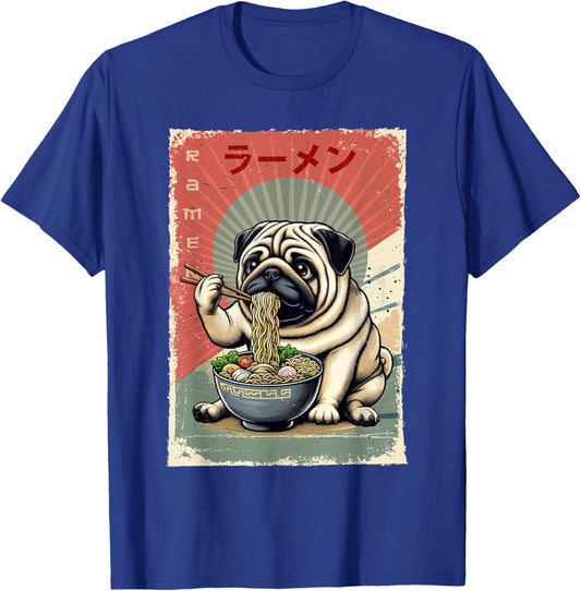 Pug Dog Eating Ramen Japanese Noodles Soup -Adults, -Kids Black Small Classic Fit Short Sleeve T-Shirt - T-Shirt | Royal