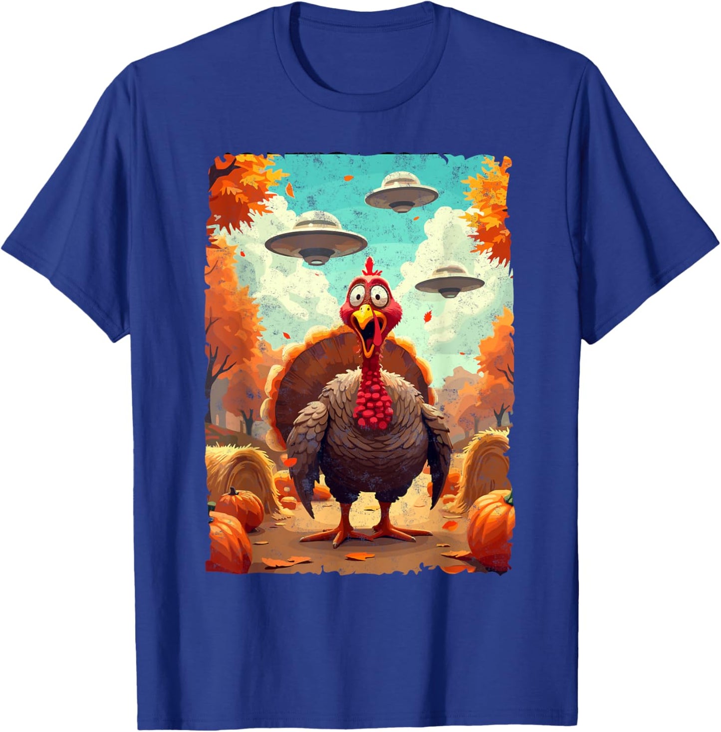 Autumn Fall Season Funny Turkey & UFO Thanksgiving Day Alien Believer T-Shirt - T-Shirt | Royal