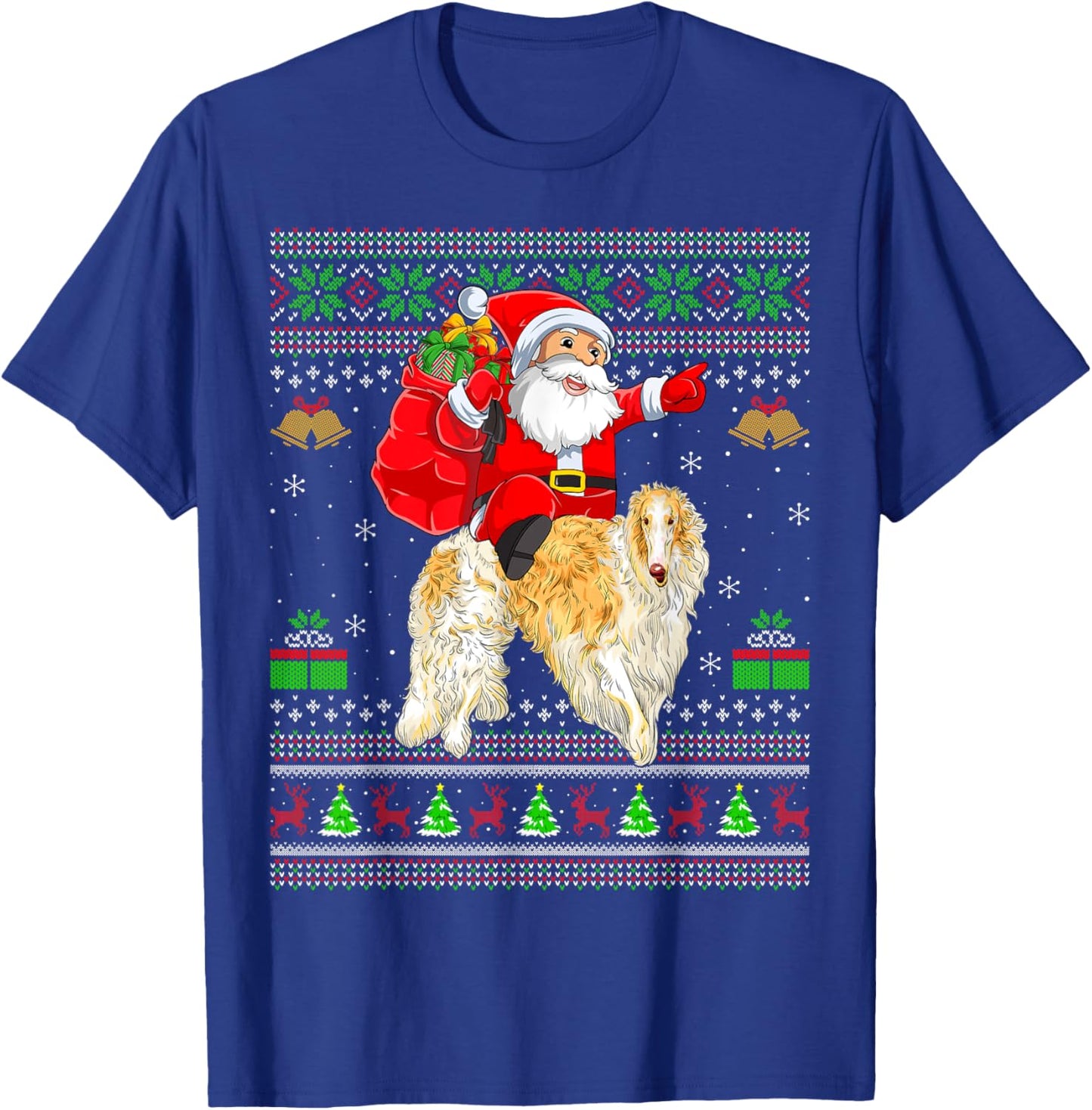 Ugly Xmas Sweater Funny Santa Riding Borzoi Dog Christmas T-Shirt - T-Shirt | Royal