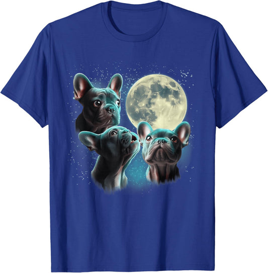 Funny Three French Bulldog Moon, 3 Frenchie Blue, Weird Cute T-Shirt - T-Shirt | Royal