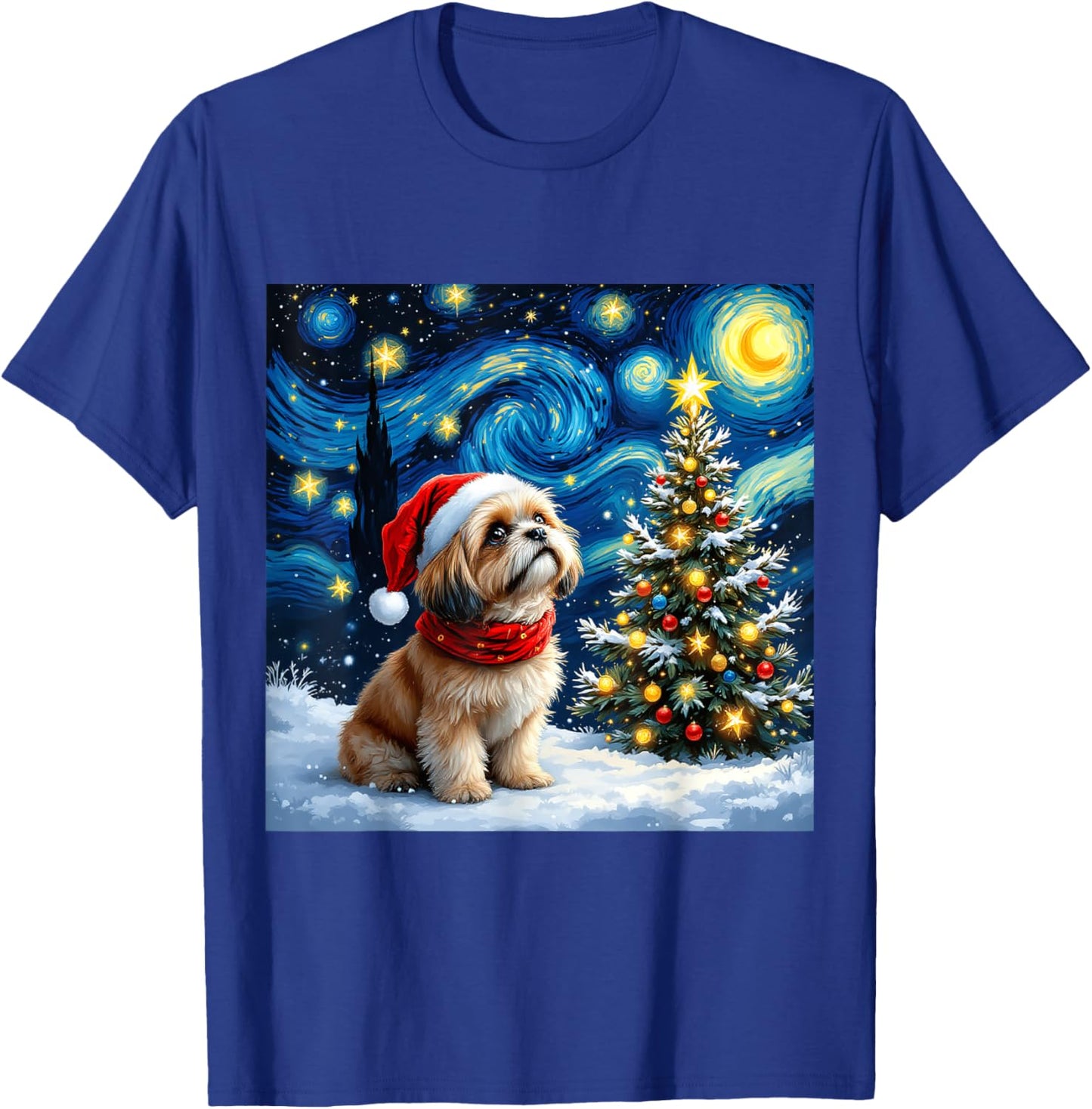 Shih Tzu Starry Night Christmas Van Gogh Dog Santa Hat T-Shirt - T-Shirt | Royal