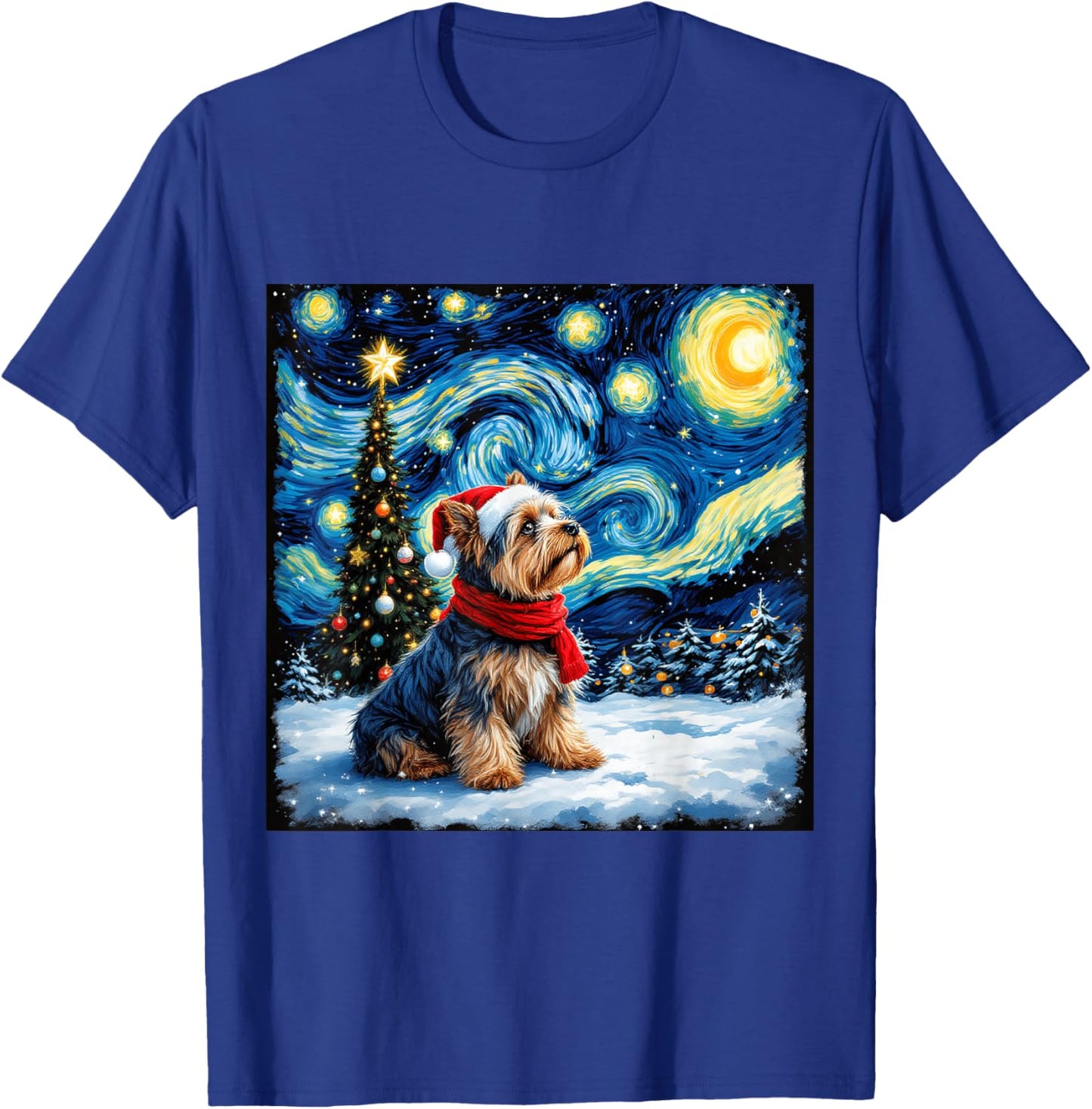 Yorkshire Terrier Starry Night Christmas Van Gogh Dog Santa T-Shirt - T-Shirt | Royal