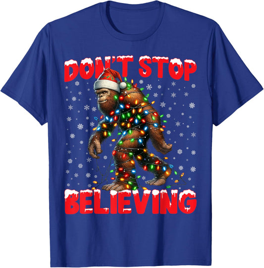 Christmas Bigfoot Don't Stop Believing Santa Hat Lights T-Shirt - T-Shirt | Royal