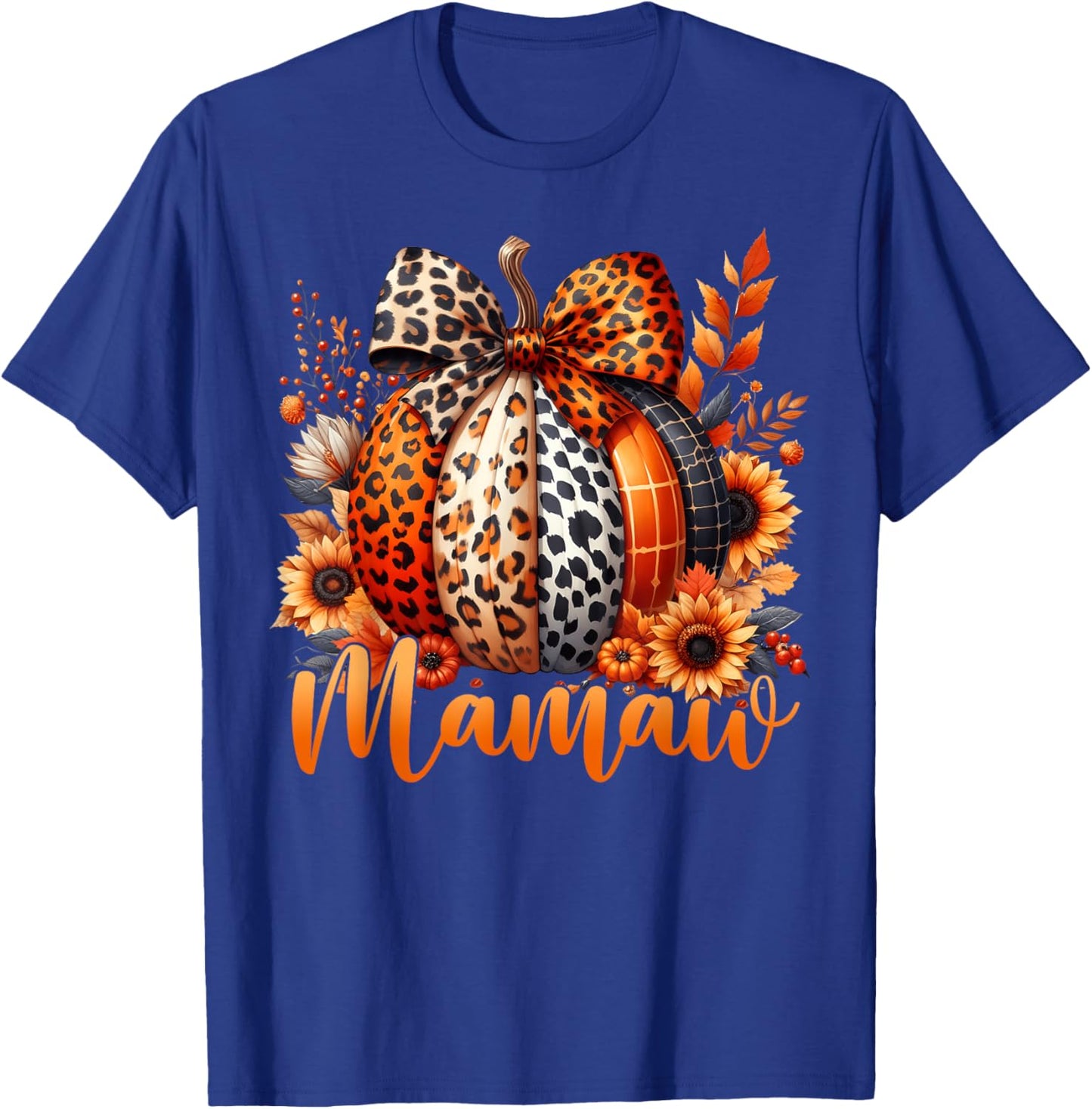 Mamaw Thanksgiving Leopard Pumpkin Sunflower Coquette Bow T-Shirt - T-Shirt | Royal