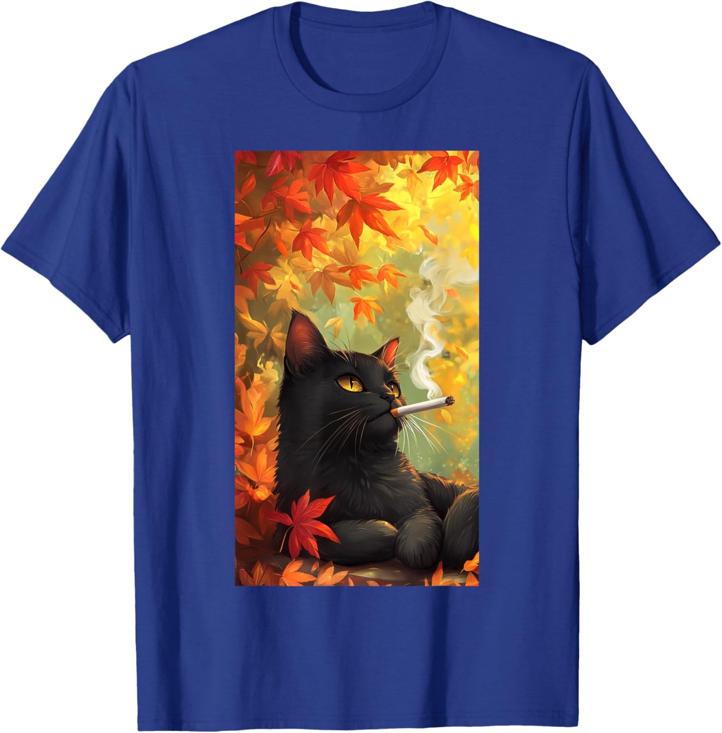 Cat Relaxing Cigarette Autumn leaves Smoking cat Men Women T-Shirt - T-Shirt | Royal