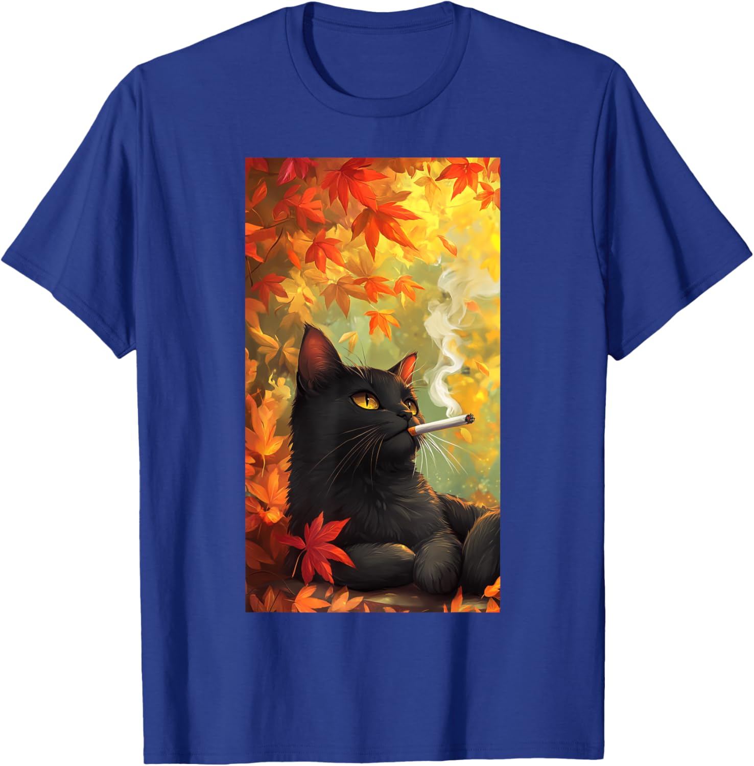 Cat Relaxing Cigarette Autumn leaves Smoking cat Men Women T-Shirt - T-Shirt | Royal