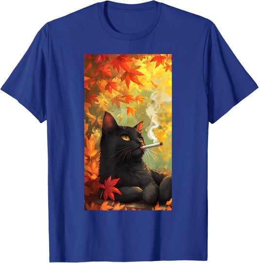 Cat Relaxing Cigarette Autumn leaves Smoking cat Men Women T-Shirt - T-Shirt | Royal